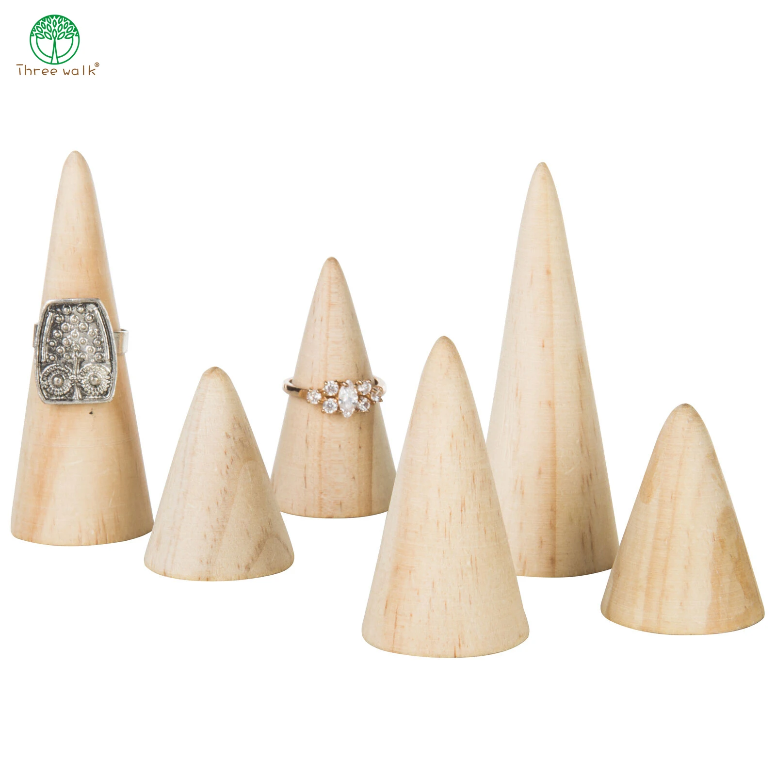 5pcs Natural Wood Finger Cone Ring Holder Bague Jewelry Display Stand Organizer Storage Rack Showcase for Exhibit