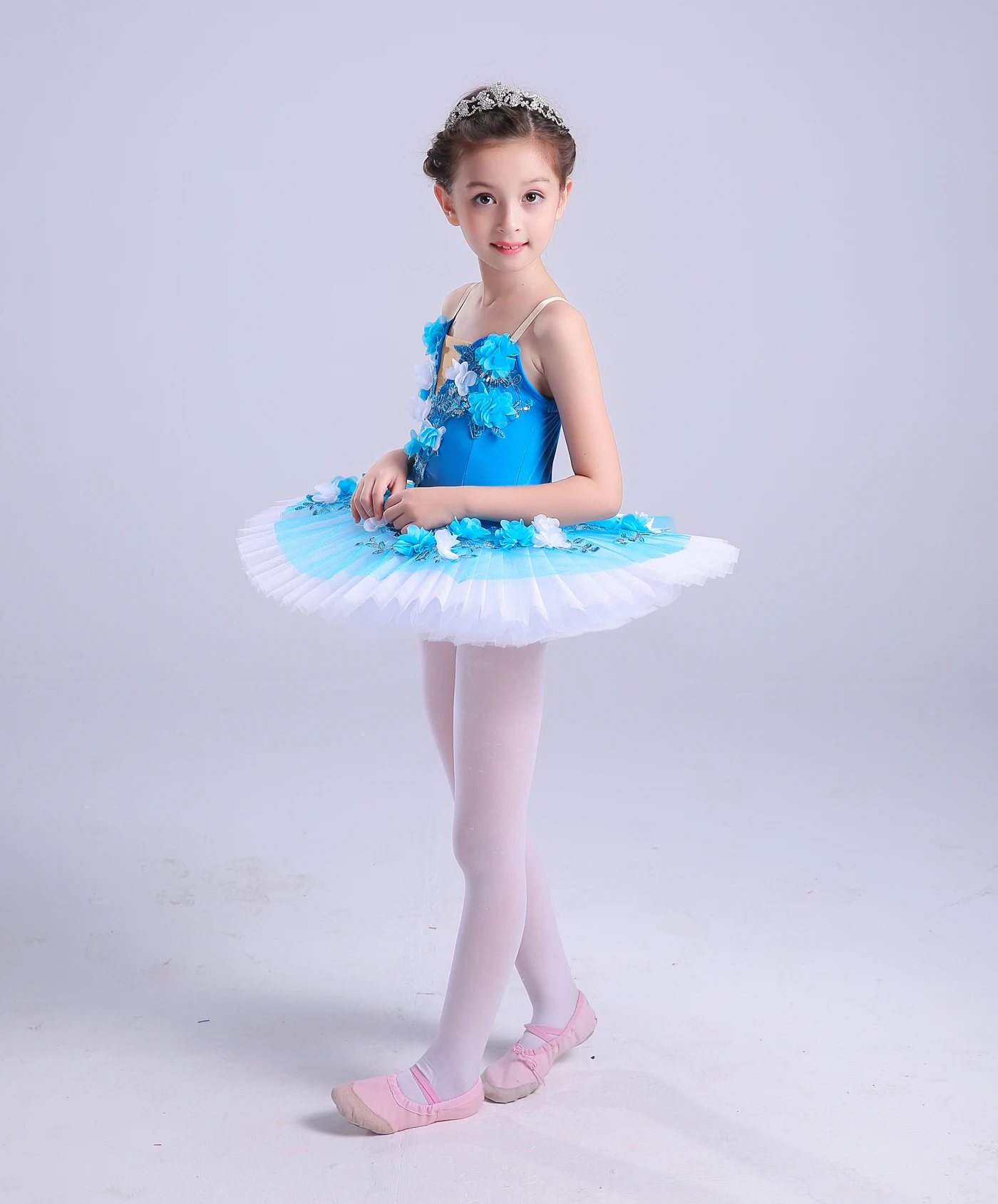 Tutú de Ballet de flores azules para niños, trajes de Ballet profesionales para niñas, vestido de bailarina de panqueques, ropa de actuación para niños