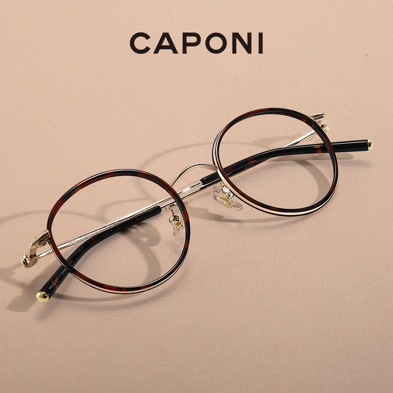 CAPONI Round Frame Glasses Retro Stylish Alloy Girl's Eyeglasses Amber Color Anti Blue Light Computer Glasses For Women JF31033