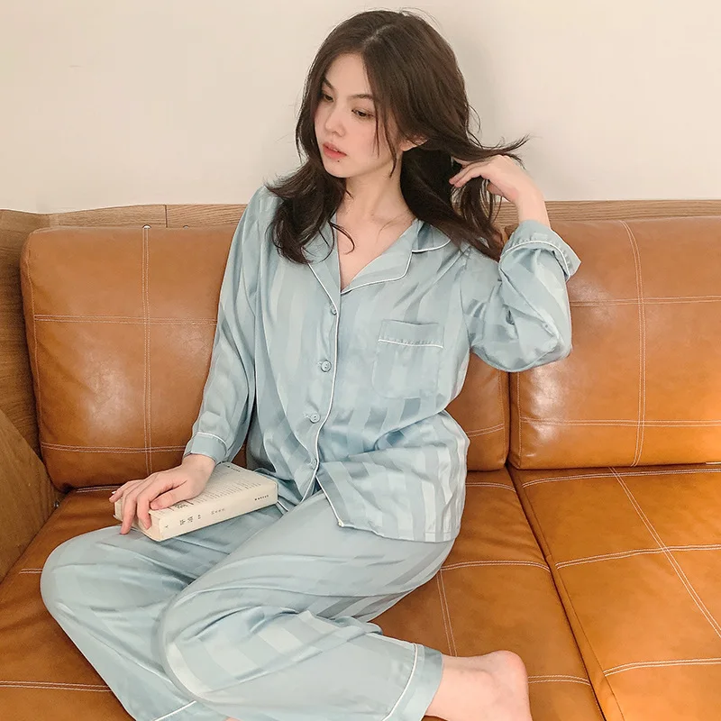 

Sleepwear Women Pajamas Suit Stripe 2PCS Shirt&Pants Casual Loungewear Lapel Pyjamas Intimate Lingerie Satin Nightwear Pj's Sets