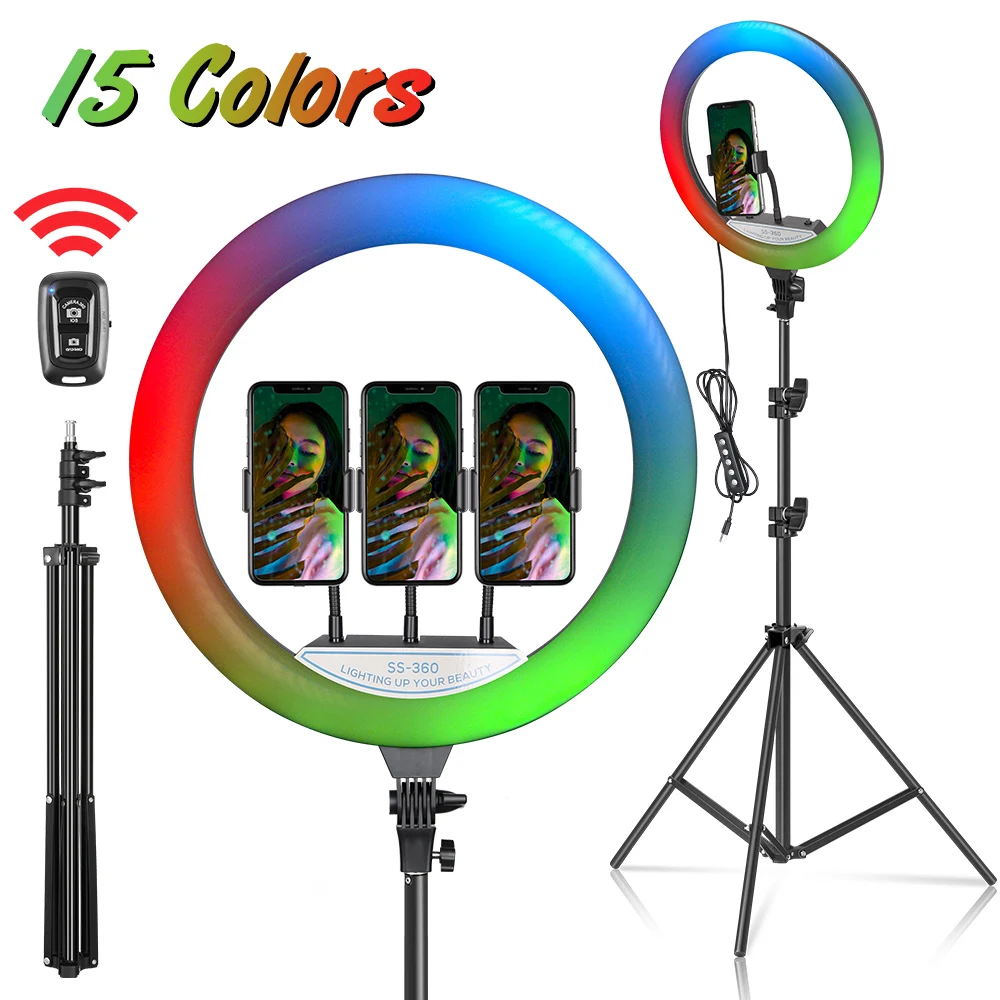 14 Inch 15 Colors RGB Ring Light With Tripod Stand Bluetooth Selfie LED Lamp Dimmable Photography Light For Photo Studio Youtube