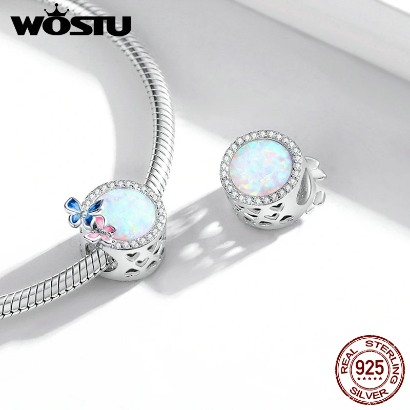 WOSTU 925 Sterling Silver Butterfly Heart Sun Opal Charms Pendants Beads Fit Original Bracelets Bangle For Women Holiday Jewelry