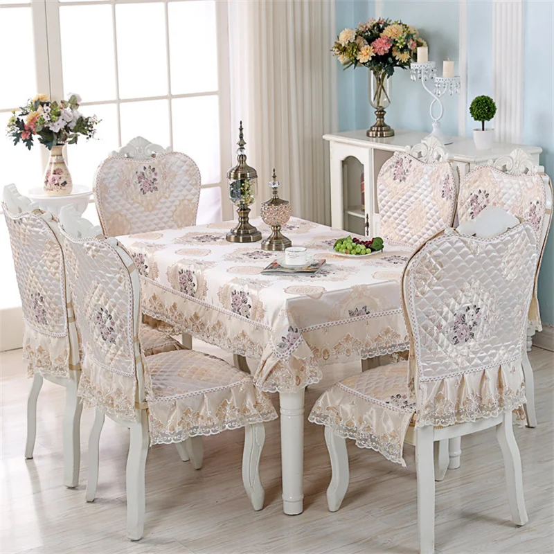 Seven-piece set of Chinese or European luxury Classical Print Lace Tablecloth, Chair Cover, Cushion