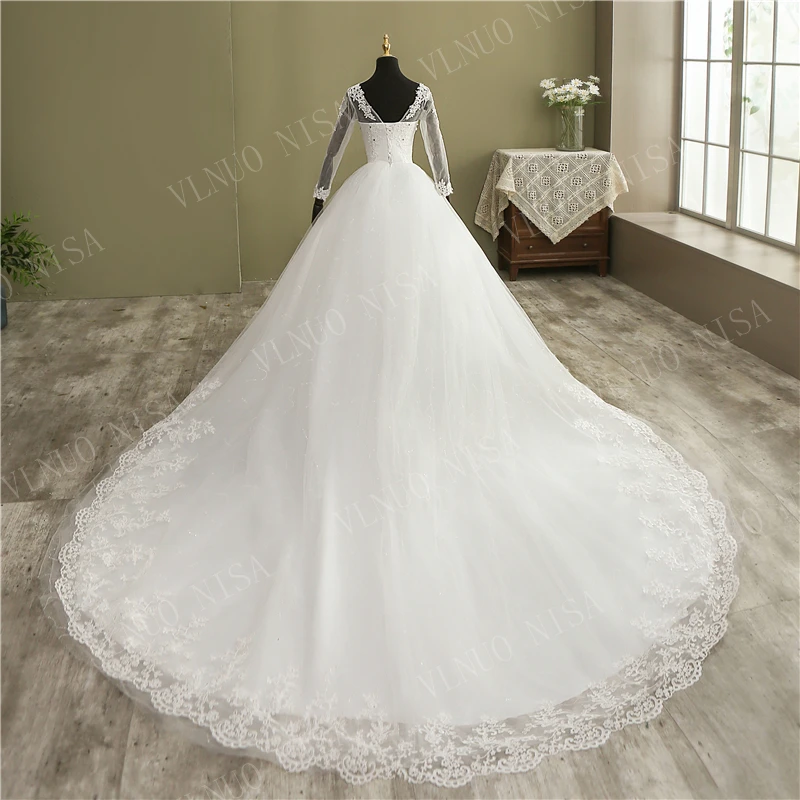 Mode Elegante Spitze Stickerei Langarm Hochzeit Kleid mit Zug Echt Bild Kleid V Neck Schöne Plus Größe Vestido De noiva