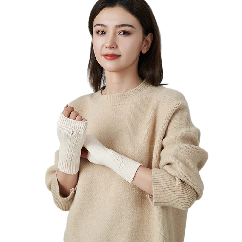 Soft Wool Thick Knit Mitt Exposed Finger Thumb Hole Women Cable No-Seam Gloves Fall Autumn Women Fingerless Gloves Wrist Mittens