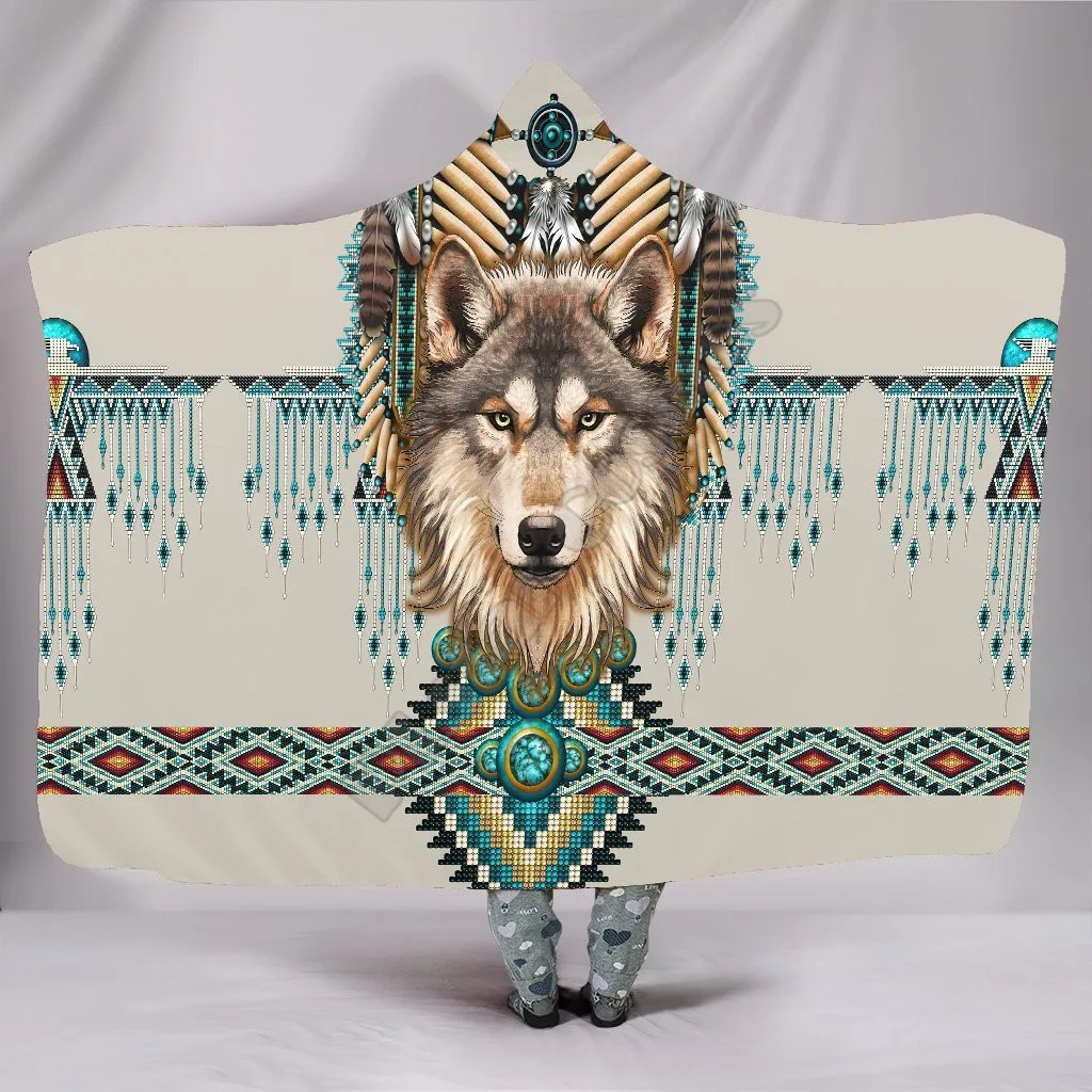 Native Spirit Wolf Hooded Blanket 3D Over Printed Wearable Blanket for Men and Women Adults Kids Fleece blanket