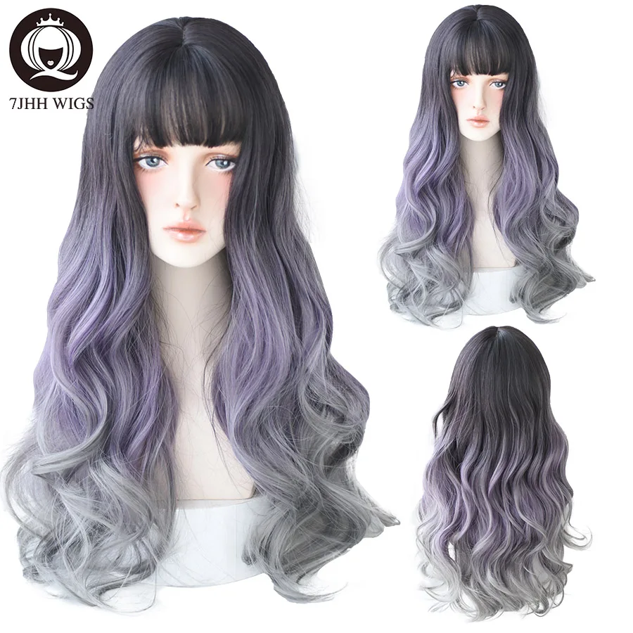 7JHH WIGS Long Deep Wave Light Blonde Wig For Women Natural Looking Synthetic Loose Ombre Hair Wig with Bangs Lolita Costume Wig