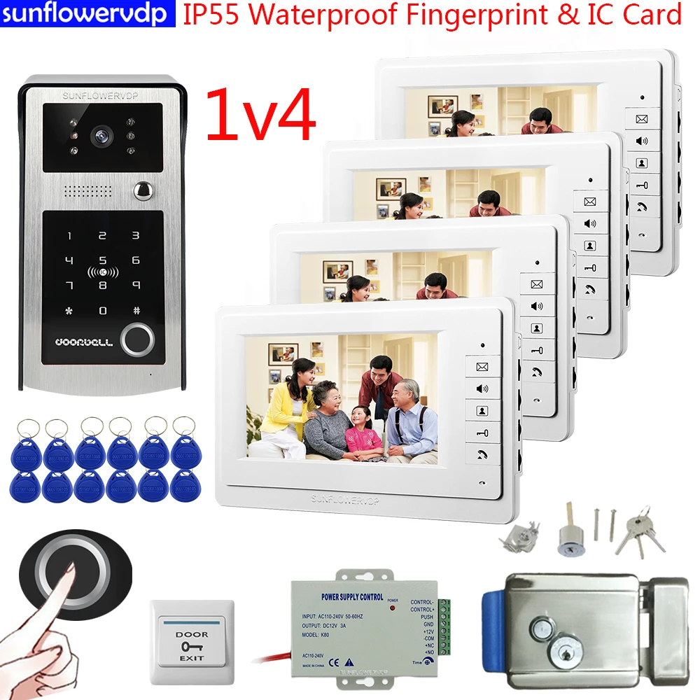 

Fingerprint IC Code IP55 Waterproof 7inch Color Intercom System House Intercom Bell With Electronic Door Lock Video Intercom Kit