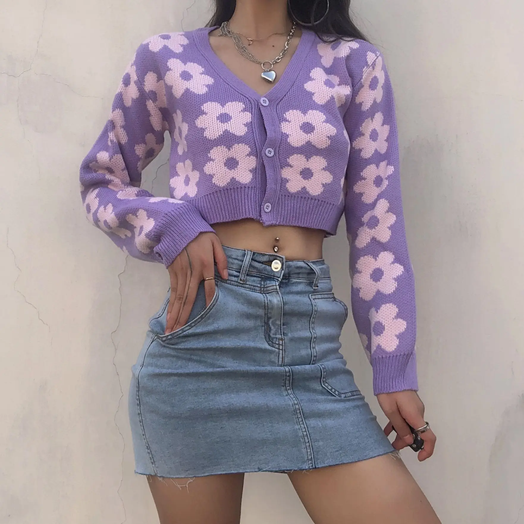 Elegant Retro Vintage Flower Print V-Neck Cute Short Sweater Cardigan Girl Y2K Autumn New Sweater Coat