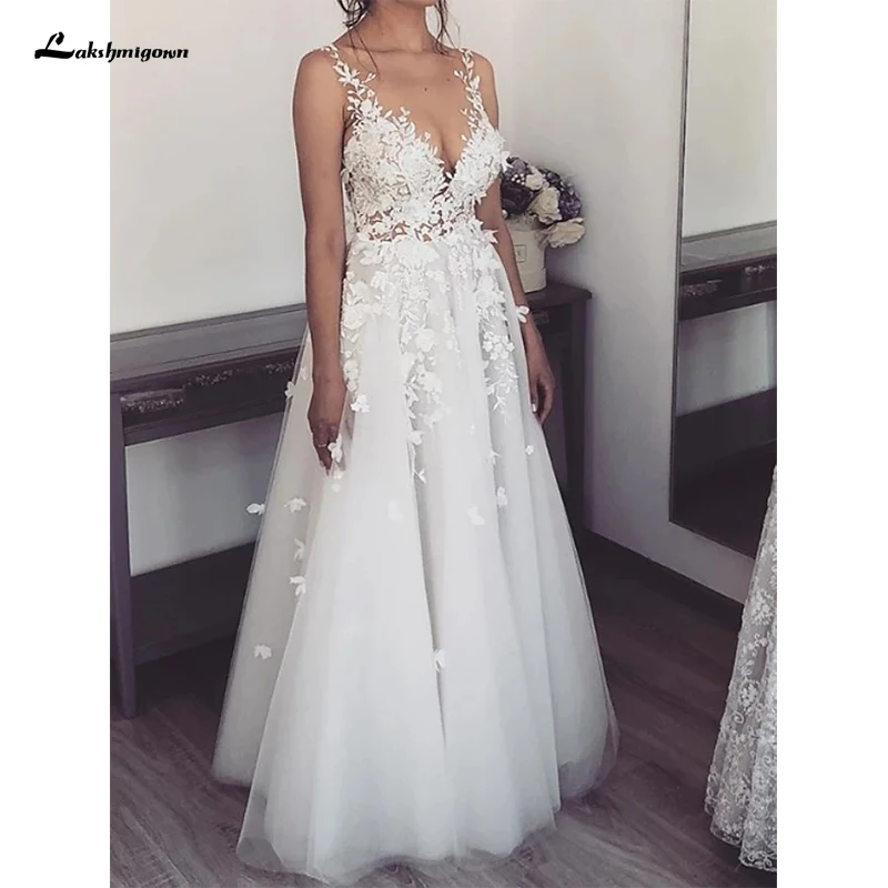 Linha a decote em v vestidos de casamento cinta de espaguete sweeptrain renda tule sem mangas sexy transparente vestido de novia