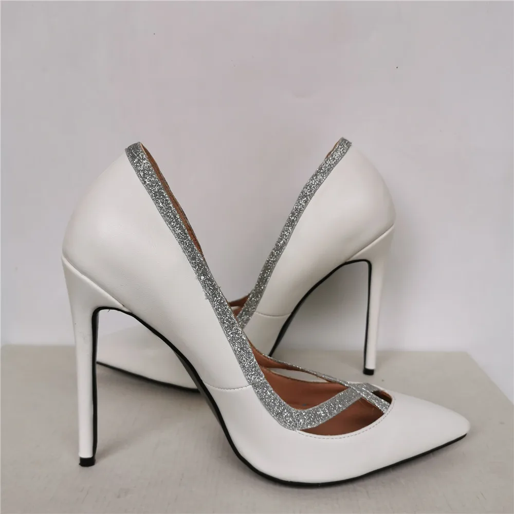 Sexy White Leather Bling Cross Strap Pumps Women Pointed Toe Women Pump Slip On Party High Heels Plus Size