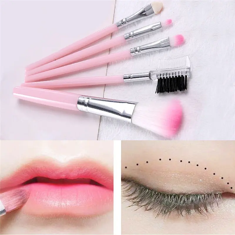 5pcs Pink Kids Make Up Blush Cute Handle Makeup Brushes Set Eyeshadow Lip Eyebrow Eyelashes Kit