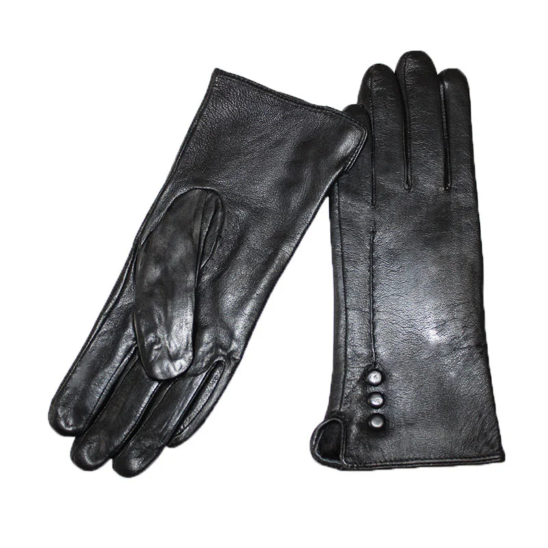 Echte Lederhandschuhe Damenmode Knopf Samtfutter Herbst und Winter Warme winddichte Schaffell-Split-Finger-Handschuhe