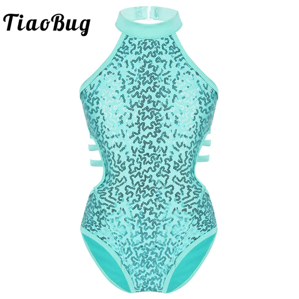 Kids Girls Sequins Ballet Leotards Gymnastics Workout Bodysuit Sleeveless Cutouts Back Strappy Waist Skating Dance Wear