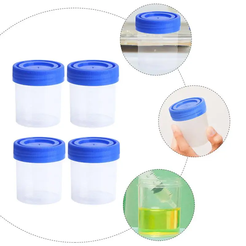 10PCS Urine Container Specimen Cup Sample Bottle 120ML Vol Molded Graduation ML And Oz PP EO Sterile Blue Cap Plastic Cups