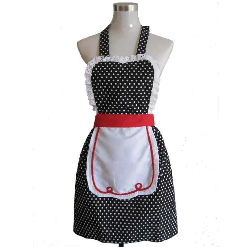 Retro Kitchen Apron Woman Black Polka Dot Fashion Restaurant Bistro Salon Cooking Avental de Cozinha Divertido Pinafore Apron