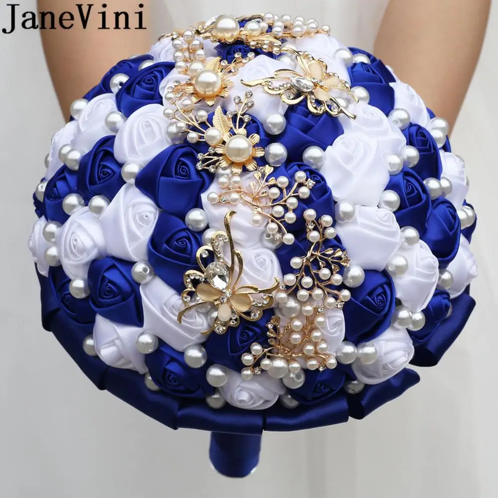 JaneVini Sumptuous Diamond Bride Satin Rose Beaded Pearls Crystal Wedding Flowers Rhinestone Bridal Bouquet with Gold Butterfly