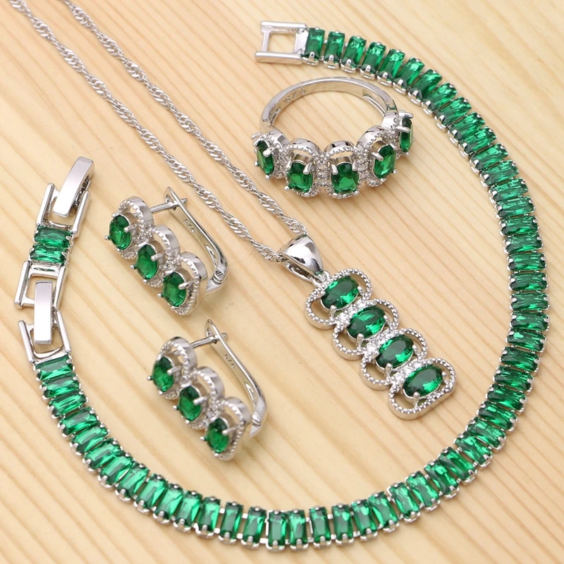 

925 Sterling Silver Bridal Jewelry Sets For Women Wedding Green Cubic Zirconia Ring Bracelet Necklace Pendant Earrings