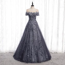 New Short Sleeve Lace O-Neck Elegant Evening Dress Sequins Embroidery A-Line Floor-Length Backless Party Formal Gown Woman B312