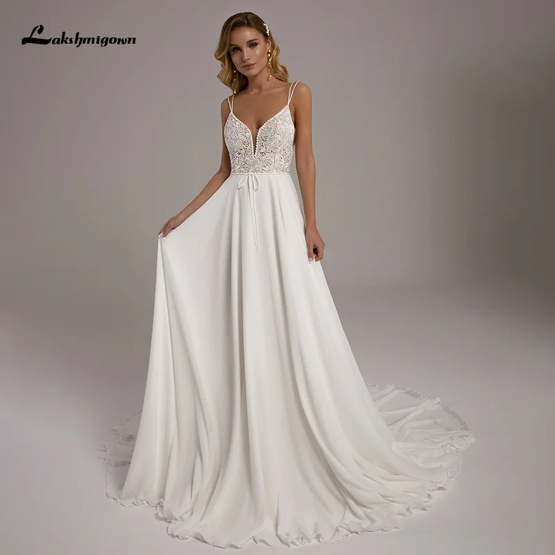 Yanshmigown-Robe de mariée en mousseline de soie, style bohème, bretelles spaghetti, plage, dentelle, coupe trapèze, 2023