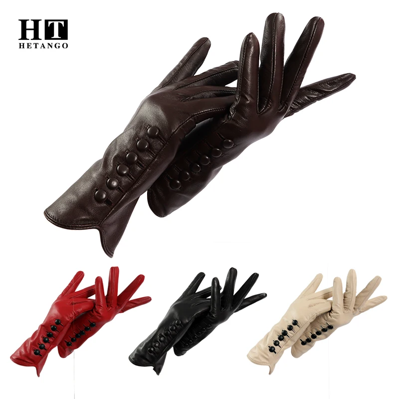 New Women Genuine Leather Gloves, Winter Ladies High Quality Goat Skin Warm Mittens, Buckle Decoration Colored Fashion Gloves