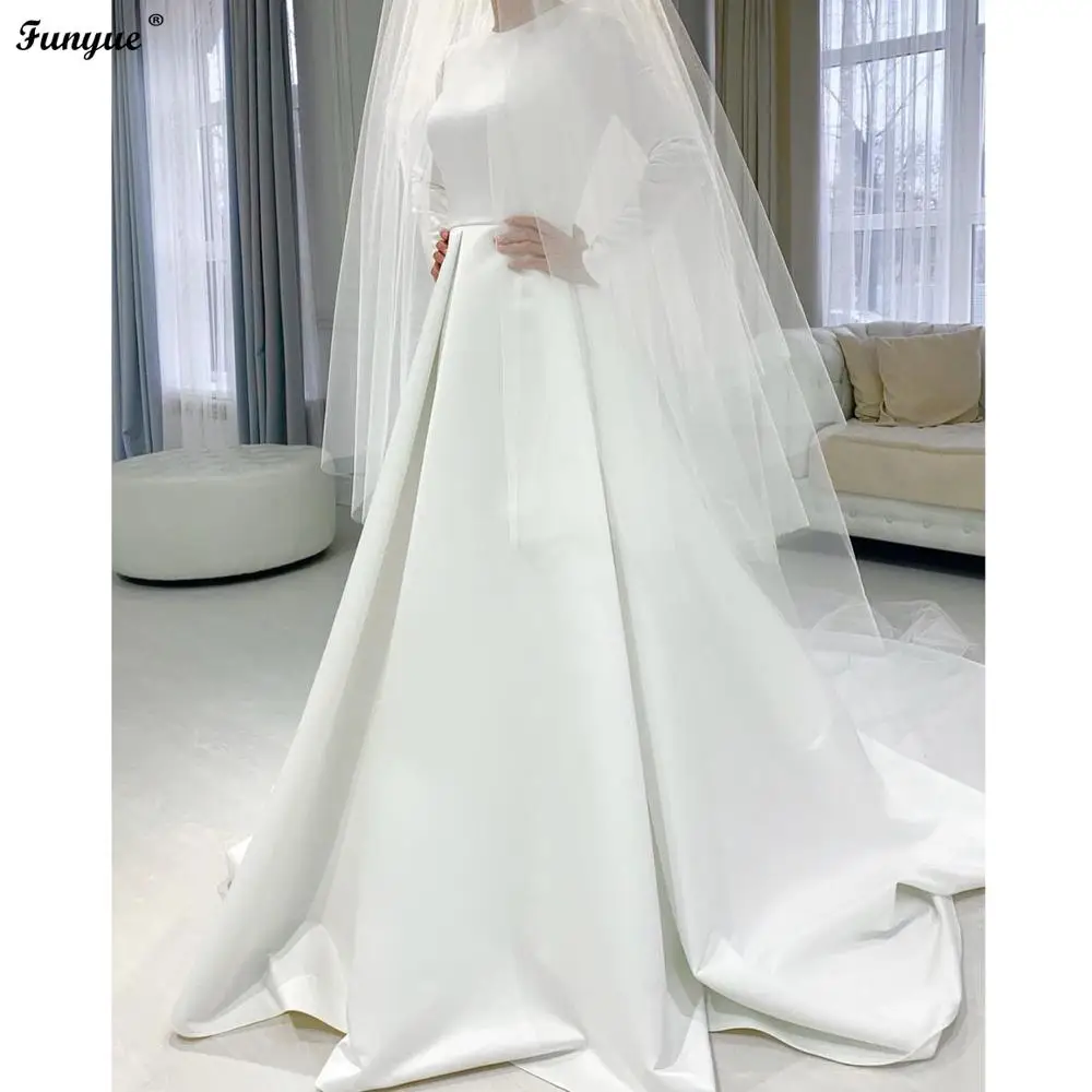 

Vintage Satin Muslim Wedding Dress 2023 A-Line Court Train Funyue Long Sleeve Bride Gown with Tulle Veil Vestido de Noiva