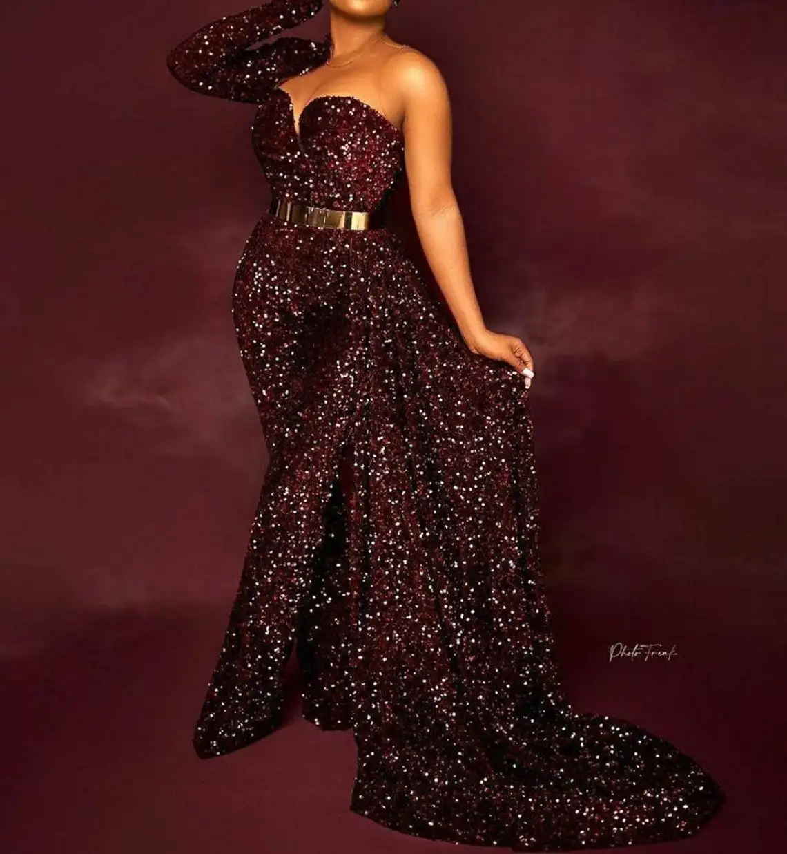 Burgundy Jumpsuits Prom Dresses With Detachable Train One Shoulder Plus Size Arabic Sequined Beaded Evening Gown Formal Party