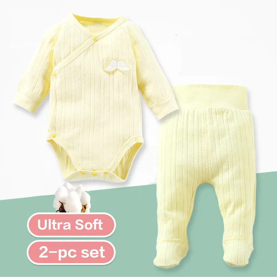 Baby Clothes Newborn baby Long Sleeve Boneless Sewing Bodysuit+Footed Pants  Set Side Snap Romper High Waist Pants Kid Clothing