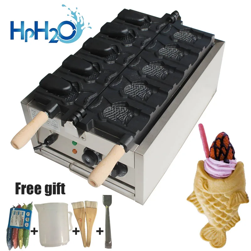 Commercial electric 5 pcs open mouth ice cream cone taiyaki maker Fish shape Waffle Maker Machine taiyaki iron plate cake oven