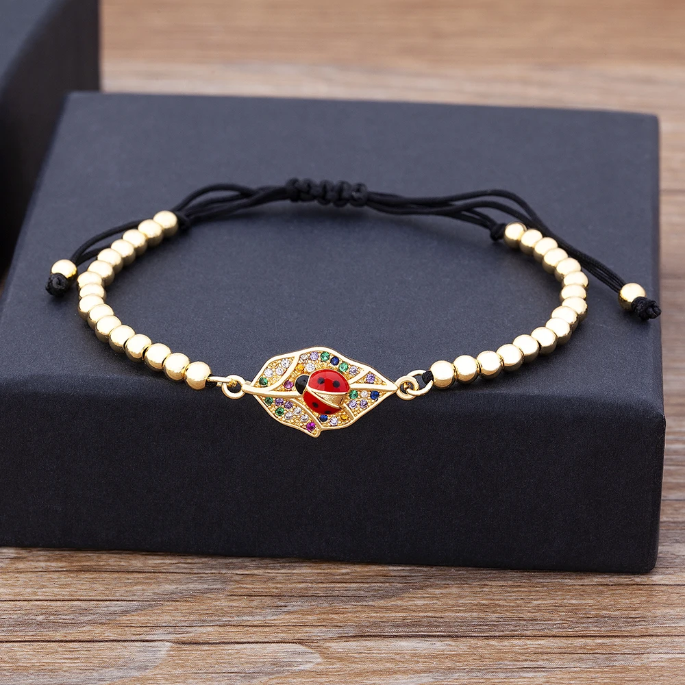 Nidin Men Fashion Adjustable Handmade Rhinestone Leaves On Ladybug Vintage Zircon Bracelet DIY Metal Jewelry Gift For Women