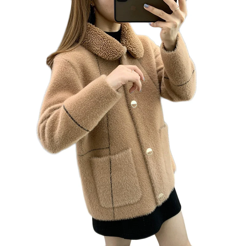 

UHYTGF Coat Fur Outwear Women Shaggy Autumn Winter Imitate Mink Sashmere Tops Single breasted High Quality 410