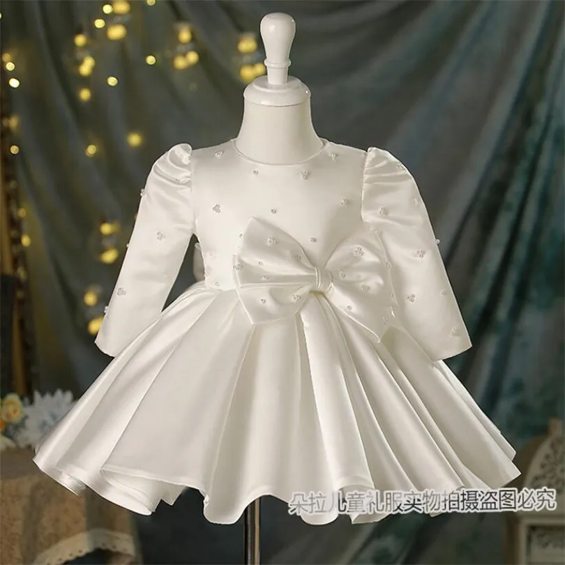 1st Birthday Dress For Baby Girl Pearl Long Sleeve Baby Baptism Dress Bow Tutu Princess Girls Dress For Party And Wedding Gowns