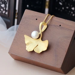 Real 925 Sterling Silver Inlaid Natural Freshwater Pearl Pendant Fashion 18K Gold Plated Gingko Leaf Pendant Women Charm Gift