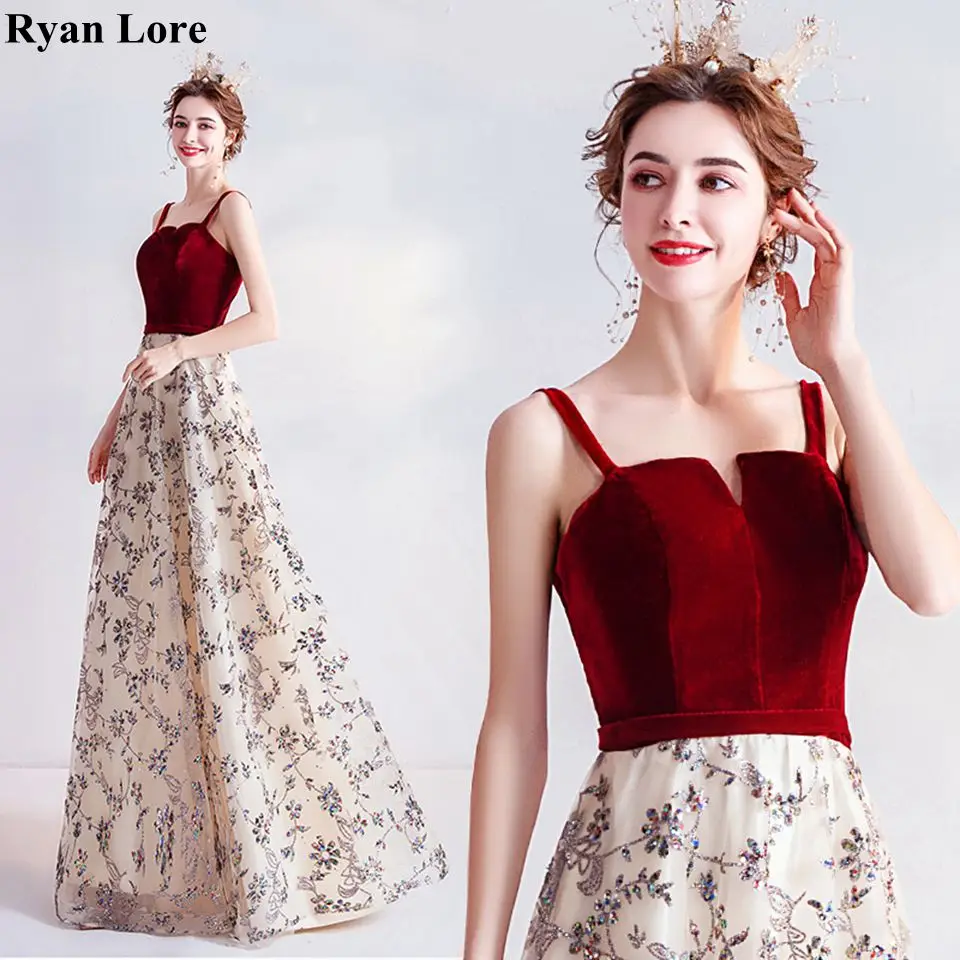 Vestidos De Fiesta De terciopelo rojo vino para mujer, ropa De noche Formal, larga, con apliques De lentejuelas, 2020