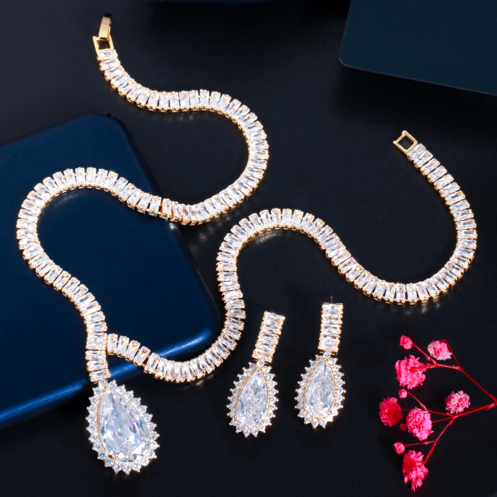 CWWZircons Water Drop Wedding Necklace Earring Set for Brides African Cubic Zirconia Dubai Gold Color Women Costume Jewelry T524