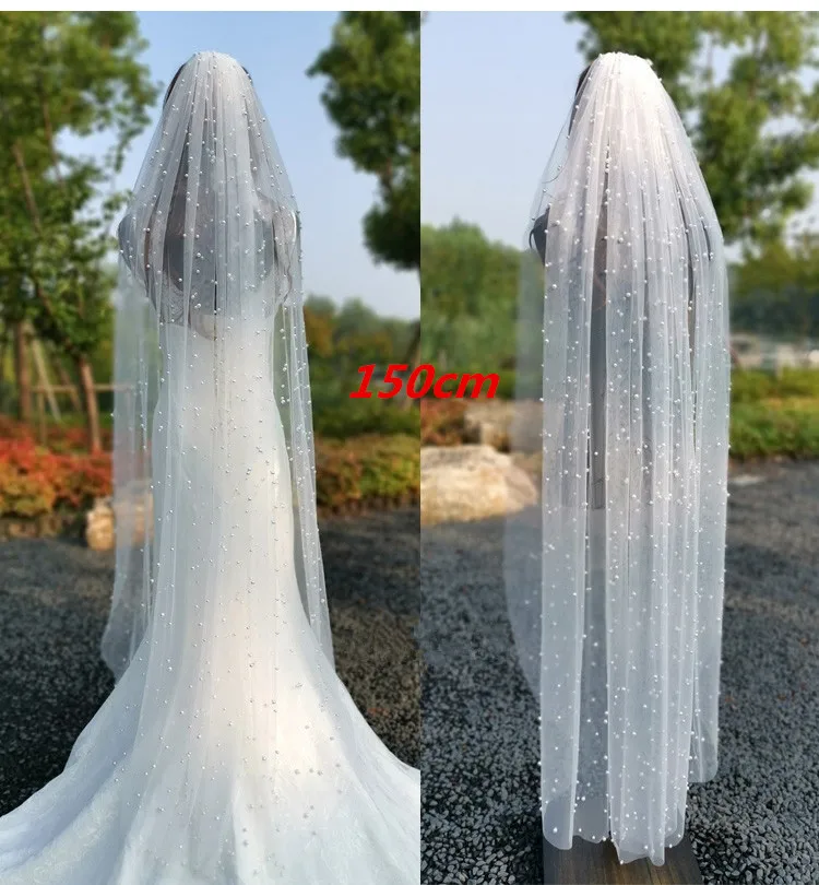 Real Photos White Ivory Long Pearl Veil With Comb Bridal Veil Cathedral Wedding Veil with Pearls Wedding Accessories