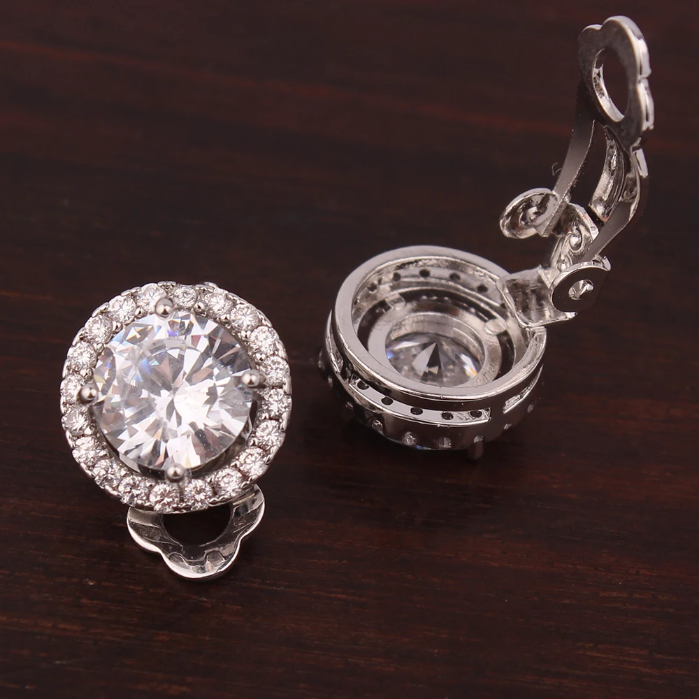 WENHQ Circle Shape Clip on Earrings No Pierced Luxury Fashion Party Wedding Cubic Zircon White Gold Color No Hole Ear Clip New