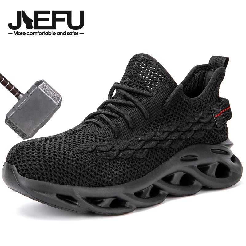 sapatos de seguranca jiefu para homem leve e confortavel toe de aco tenis de trabalho antiderrapante construcao calcado preto 01