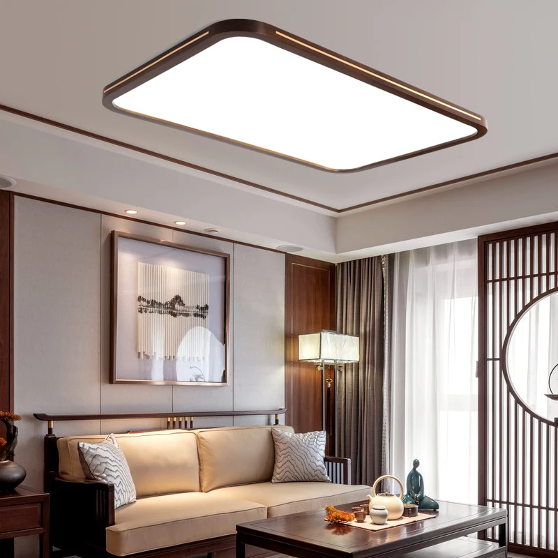 Ultra-thin Solid Wood Living Room Chandeliers Modern Bedroom Lamp Rectangular Walnut Color Copper Ceiling Decoration Lights