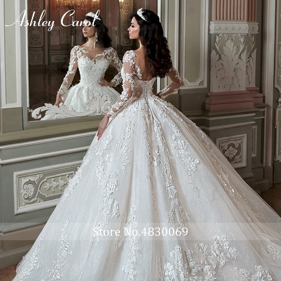 Ashley Carol Luxury Ball Gown Wedding Dresses For Women 2023 Long Sleeve Lace Up Appliques Wedding Gown Vestidos De Novia