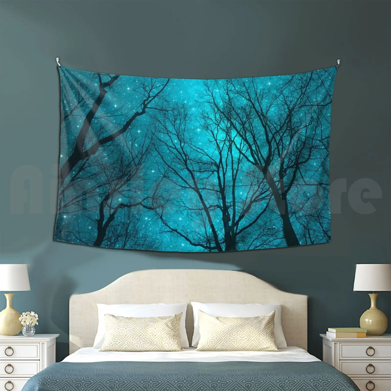 Stars Can't Shine Without Darkness Tapestry Background Wall Hanging Night Stars Nebula Sky Mint Teal Night Galaxy