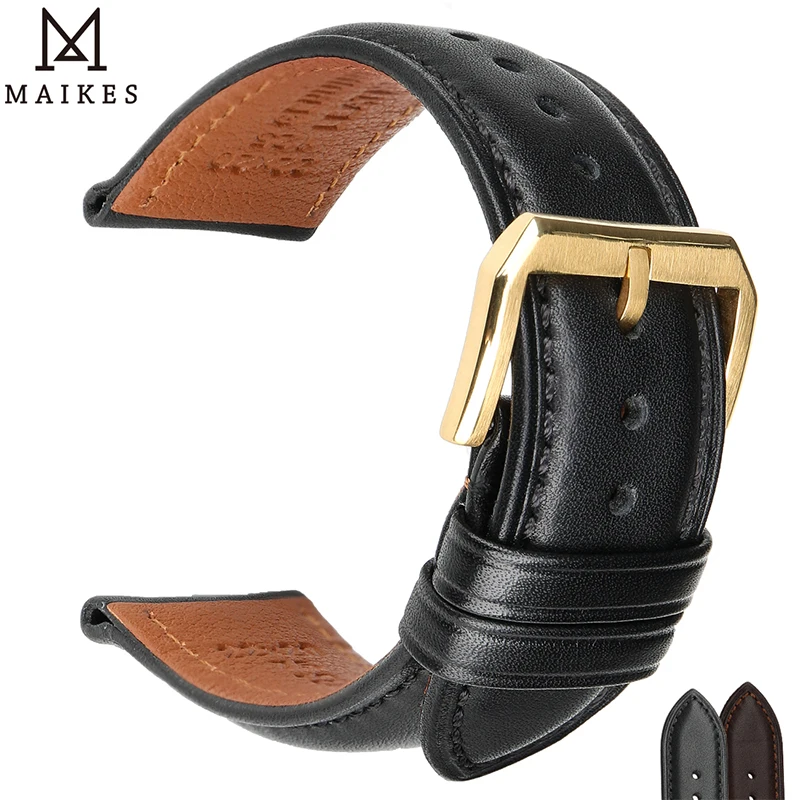 MAIKES Black Calfskin Leather Watchband Soft Material Wrist Strap 18mm-24mm With Gold Stainless Steel Buckle New