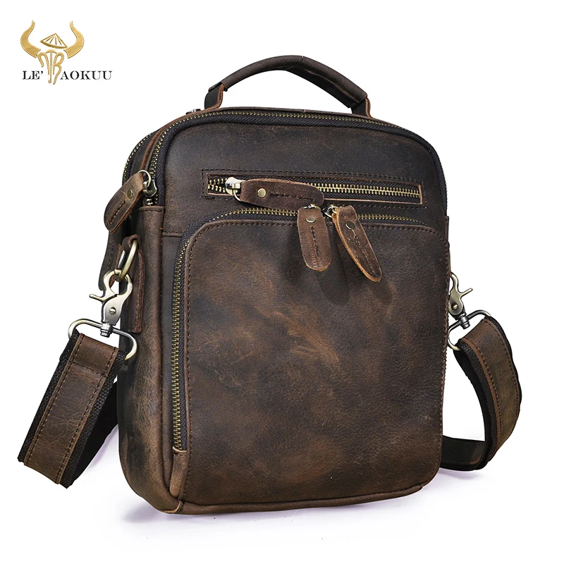 

Crazy Horse Leather Male Vertical Design School Messenger Crossbody bag Vintage College Tablet Tote Mochila Satchel bag 8059