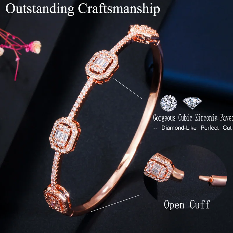 CWWZircons Stackable Square Cubic Zirconia 585 Rose Gold Color Cuff Bangle Braclet Ring Set for Women Fashion Brand Jewelry T100