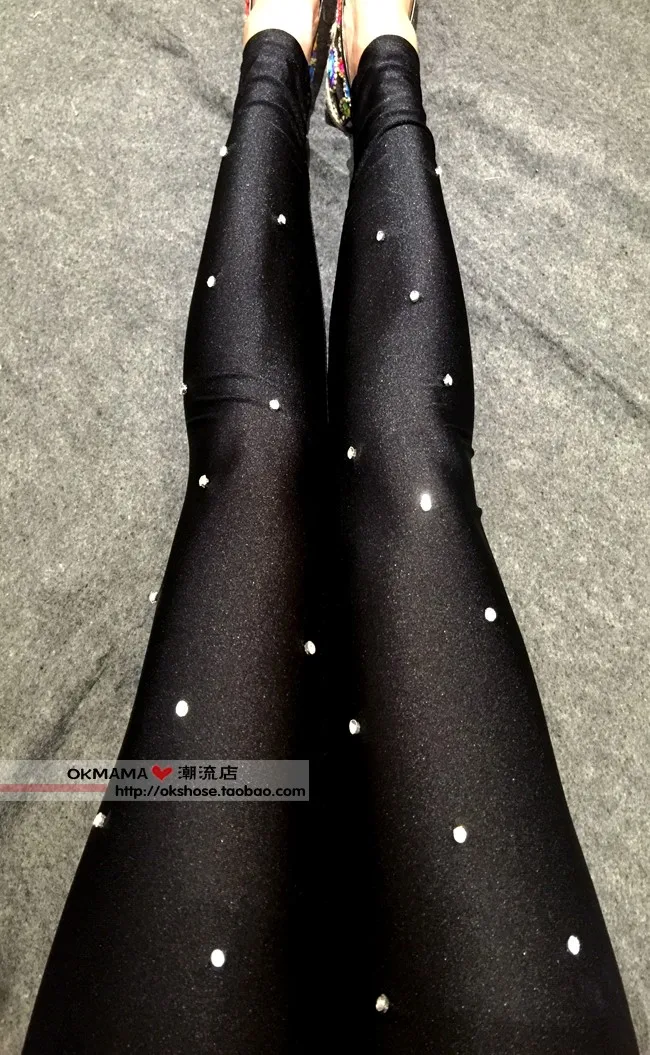 Legging Wanita Beludru Celana Panjang Rhinestone Celana Manik-manik Rivet Melar