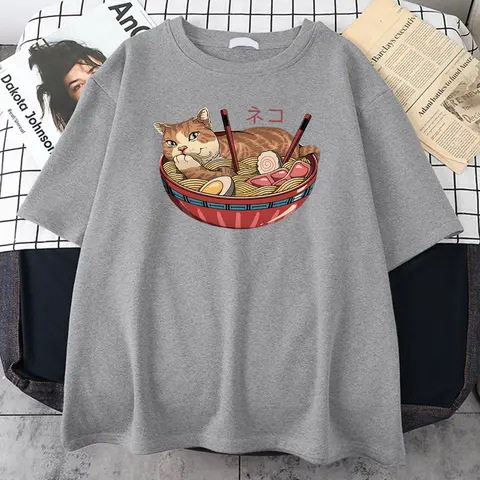 Cats Like Noodles 프린트 맨 코튼 티 의류 하라주쿠 캐주얼 크루 넥 탑 All-math Oversize 통기성 남성 티셔츠