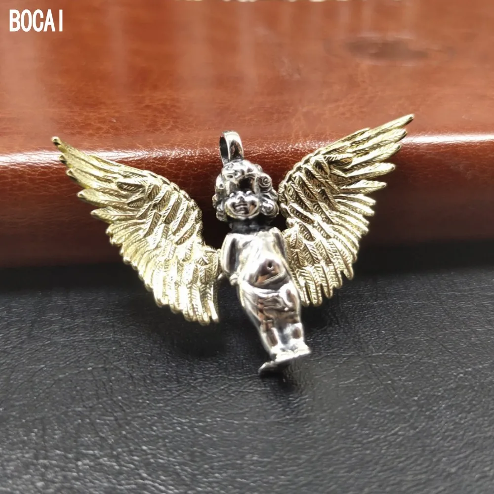 BOCAI Real Pure s925 silver little angel Man pendant personalized sweater chain accessories simple student tide couple pendant