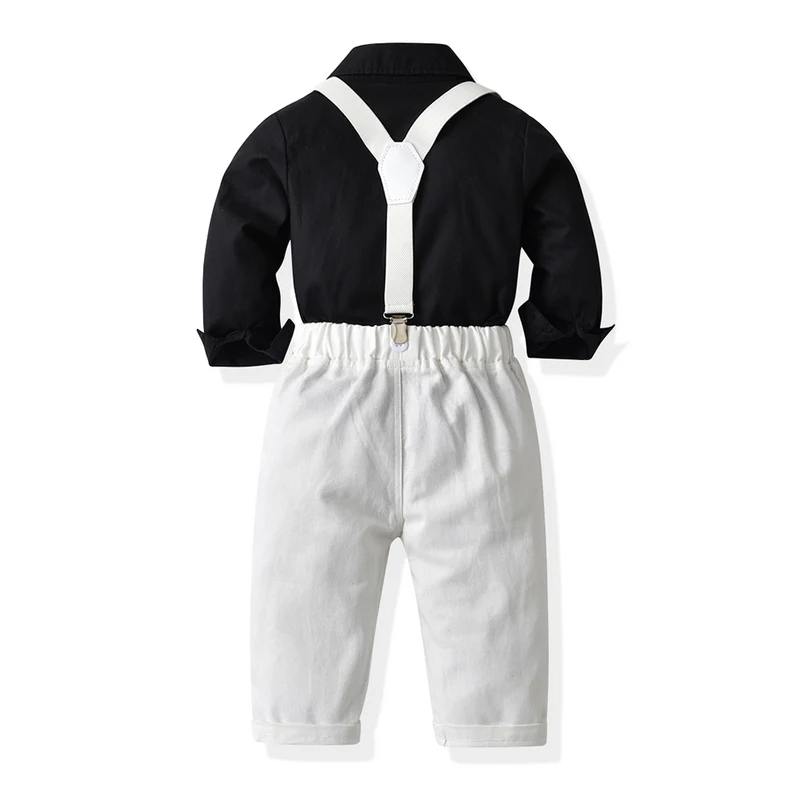 top and top New Kids Boy Clothes Set Boys Gentleman Long Sleeve Shirts with Bowtie+Suspenders Pants Suits for Wedding Party