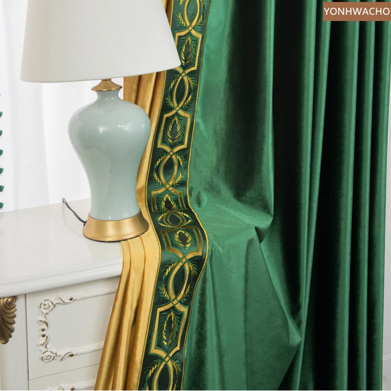 Custom curtain American light luxury thick shading matching velvet screen green cloth blackout curtain tulle panel C479