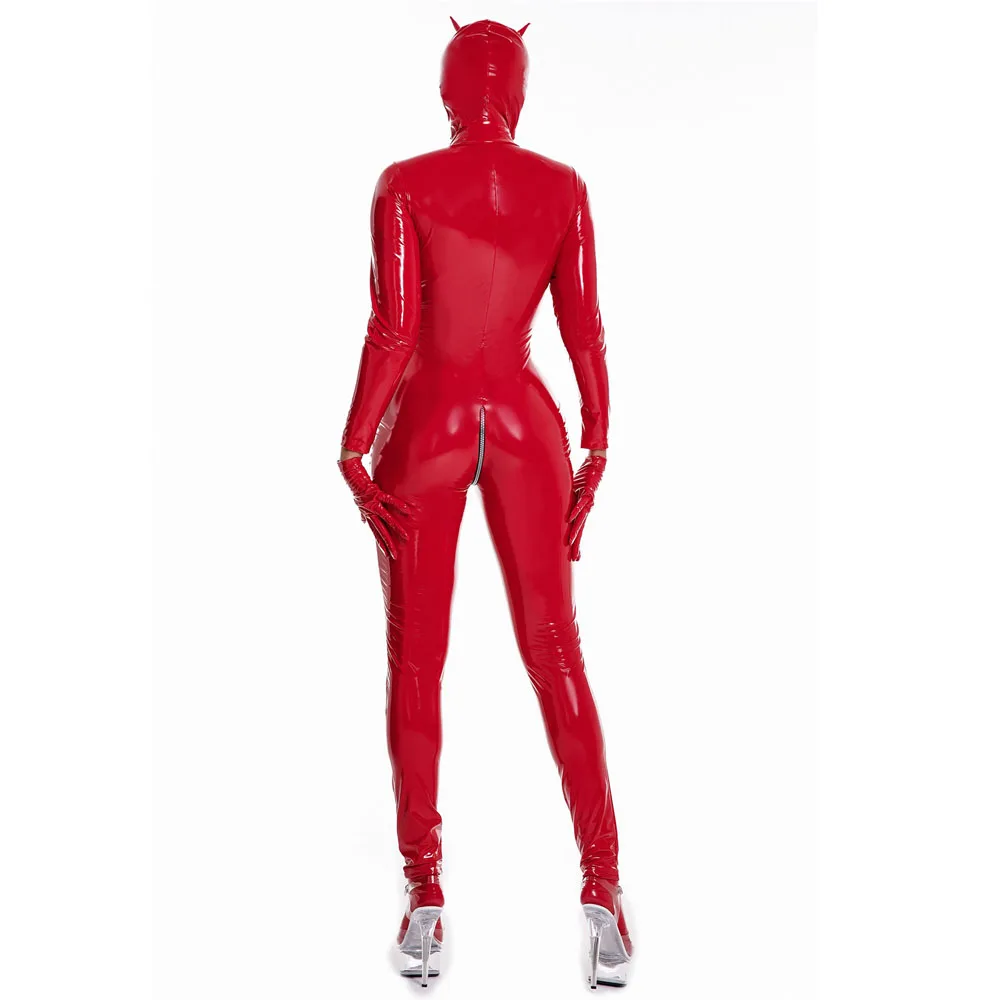 

Shiny PVC Faux Leather Jumpsuits for Women Zipper Open Crotch Long Sleeve Bodysuits Erotic Nightclub cosplay Party Leotard